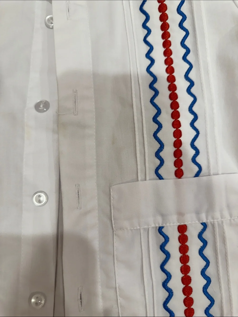Kids guayabera White Short Sleeve Embroidered Shirt with Red & Blue Trim fourth